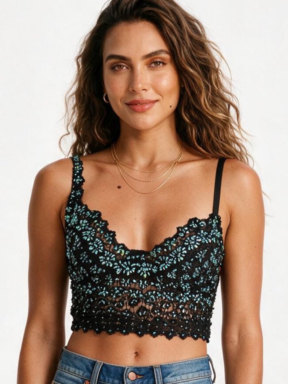 Stunning Black Lace Beaded & Sequin Blue-Green Bustier, Festivals / Concerts XS